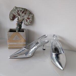Silver Sling-back Pump - Low Heel